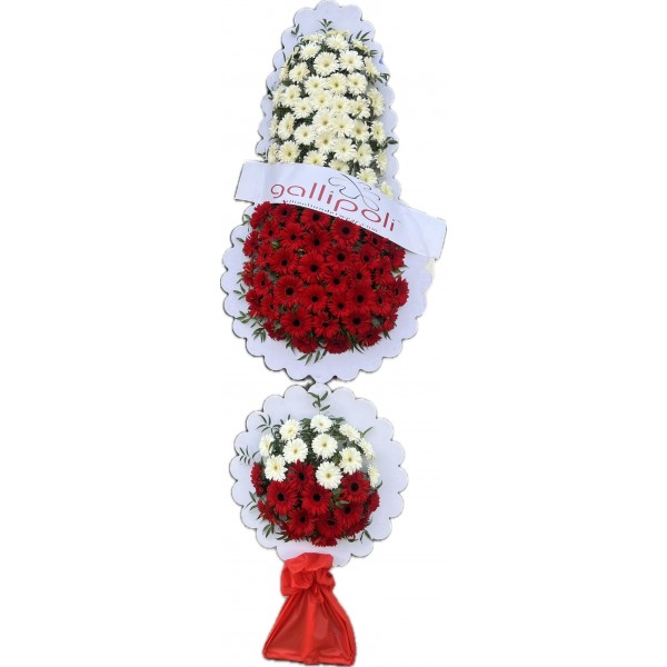 çift göbek büyük boy kırmızı beyaz gerbera çelenk